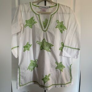 GRETCHEN SCOTT DESIGNS White Tunic with Green Turtle Embroidery